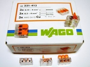  
	Клеммы Wago 3 x 0,14 - 4 мм² (с рычагами), 221-413 

