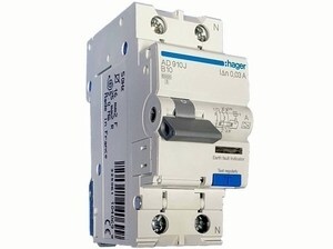  
	Rikkevoolukaitse koos kaitselülitiga 1-faasiline B 10A, 30mA(0,03A), Hager, AD910J, 104069 
