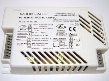 <p>
	Elektrooniline drossel <span style="color: #ff0000">koos avariitoiteallikaga</span> 1 x 26/32 W, Tridonic Atco, PC 1x26/32-15Cs TC Combo, 89899668</p>
