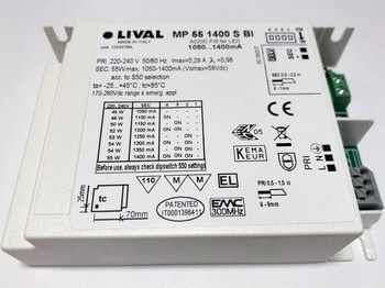 <p>
	Elektrooniline <span style="color: #ff0000">LED</span> trafo 45-55W, 1050-1400mA, max. 59V, Lival, MP 55 1400 S BI, 122207BIL</p>
