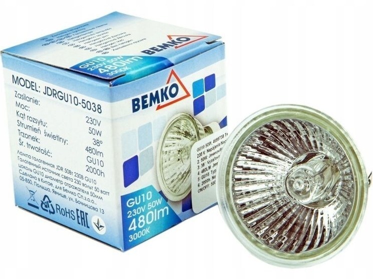 <p>
	Halogeenlamp 50W, <span style="color: #ff0000">230V</span>, Bemko, JDRGU10-5038</p>
