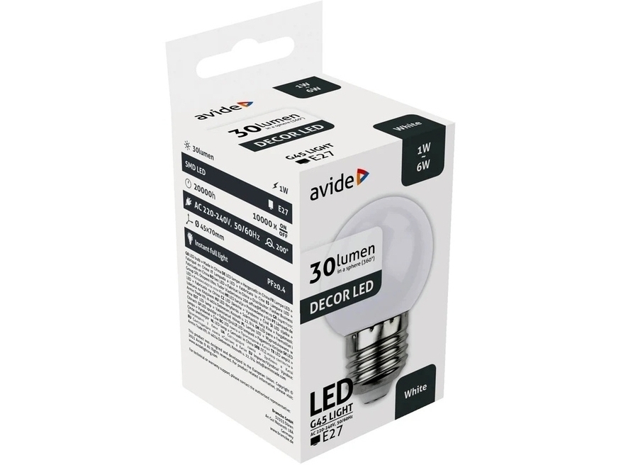 <p>
	Светодиодная лампа 1Вт=6Вт, E27, Avide, ABDLG45-1W-W</p>
