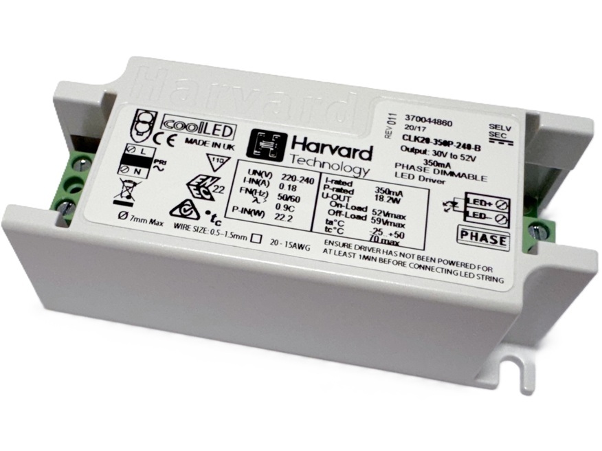 <p>
	Elektrooniline <span style="color: #ff0000">LED</span> trafo 18,2W, 350mA, 30-52V, CLK20-350P-240-B, Harvard, 370044860</p>
