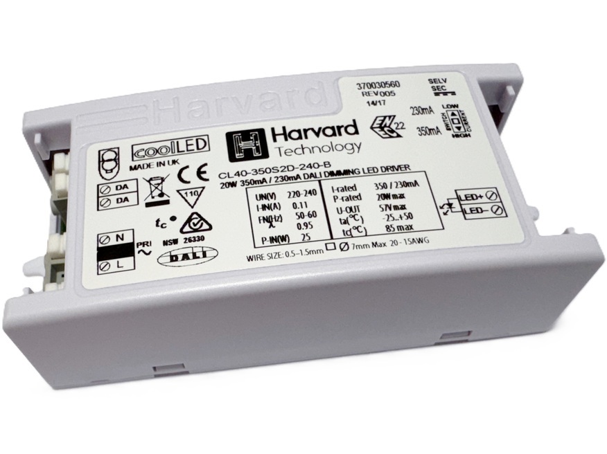 <p>
	Elektrooniline <span style="color: #ff0000">LED</span> trafo 20W, 230-350mA, max. 57V, CL40-350S2D-240-B, Harvard, 370030560, Dali</p>
