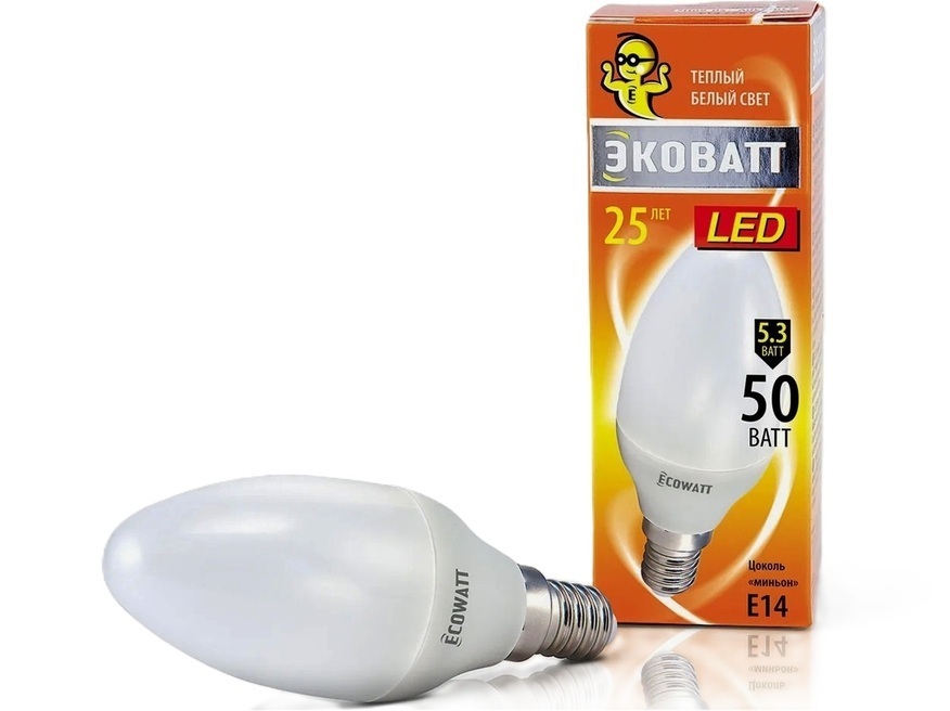 <p>
	LED lamp 5,3W=50W, Ecowatt, B35 5,3 827 E14</p>
