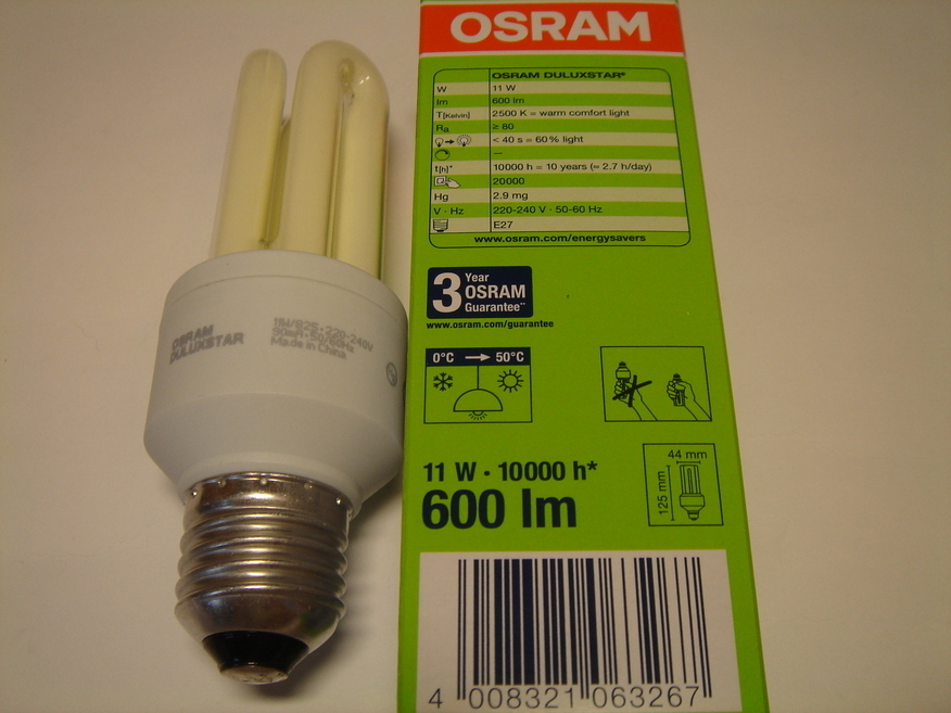 <p>
	Экономичная лампа 11 Вт, Osram Duluxstar® 11W/825/E27, 063267</p>
