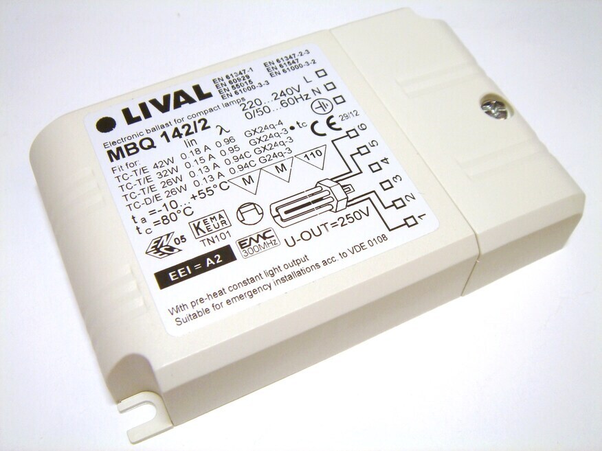 <p>
	Электронный дроссель 26,32,42 Вт, Lival, MBQ 142/2</p>
