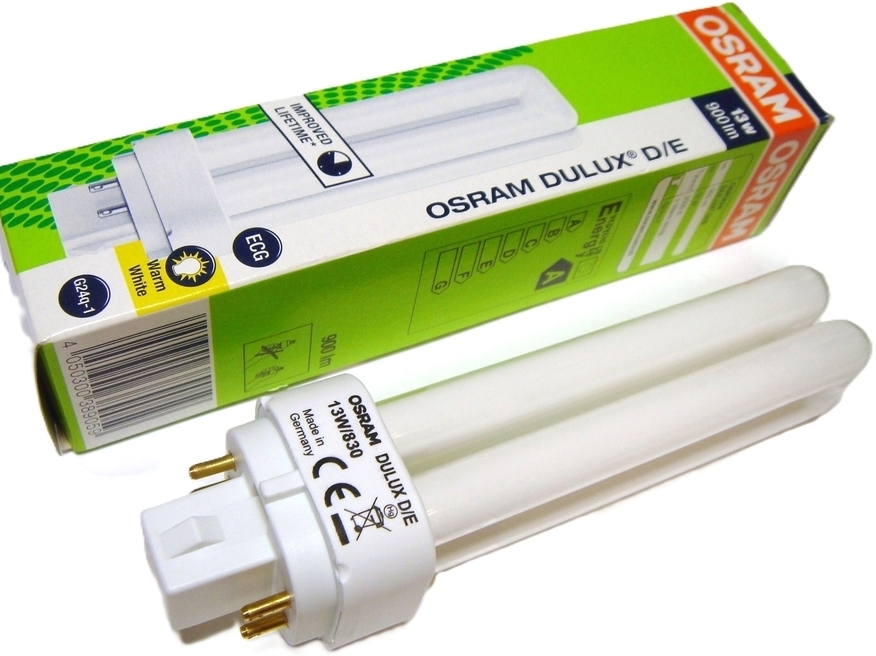 <p>
	Kompakt-luminofoorlamp 13W, Osram Dulux D/E, 13W/830/G24q-1, <span style="color: #ff0000">4-PIN</span>, 389059</p>

