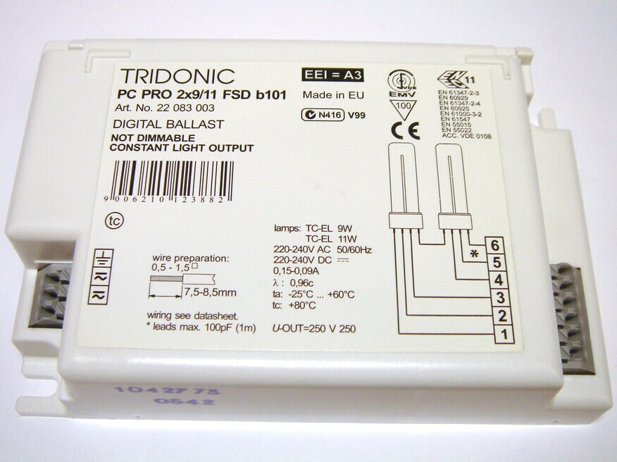 <p>
	Электронный дроссель 2 x 9/11 Вт, Tridonic Atco, PC PRO 2x9/11 FSD b101, 22083003</p>
