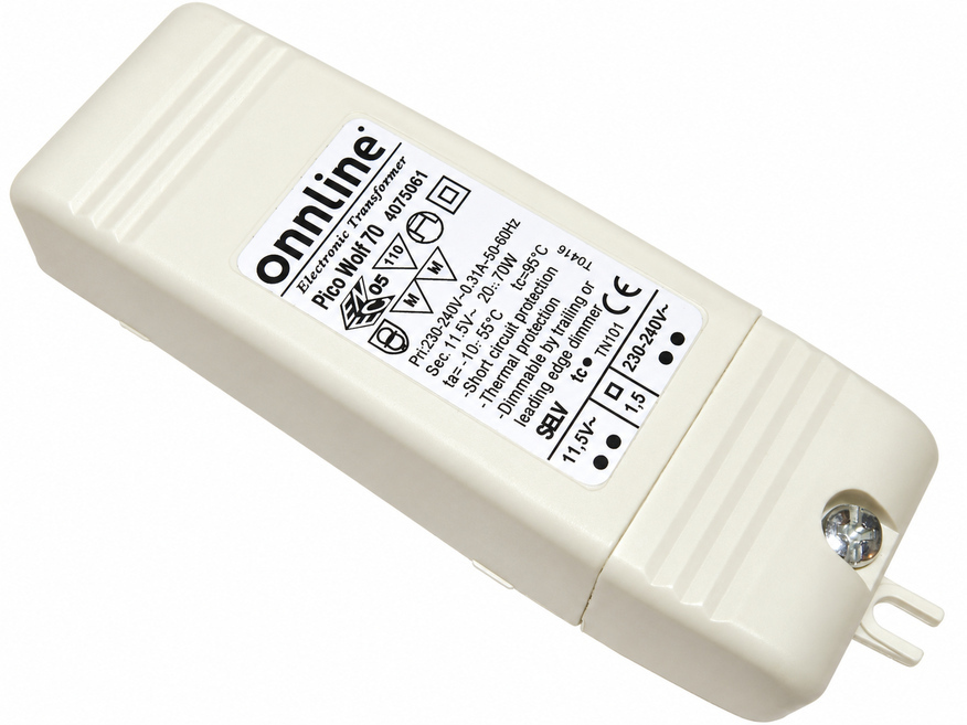<p>
	Elektrooniline trafo 12V, 20-70W, Onnline, Pico Wolf 70, 4075061</p>
