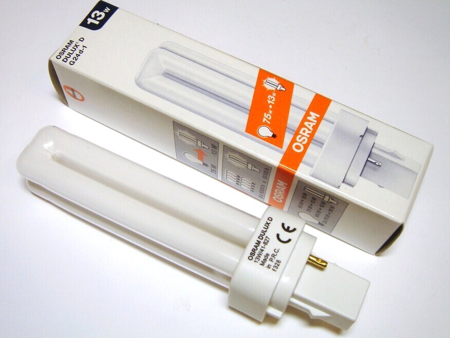 <p>
	Kompakt-luminofoorlamp 13W, Osram Dulux D, 13W/41-827/G24d-1, <span style="color: #ff0000">2-PIN</span>, 008127</p>
