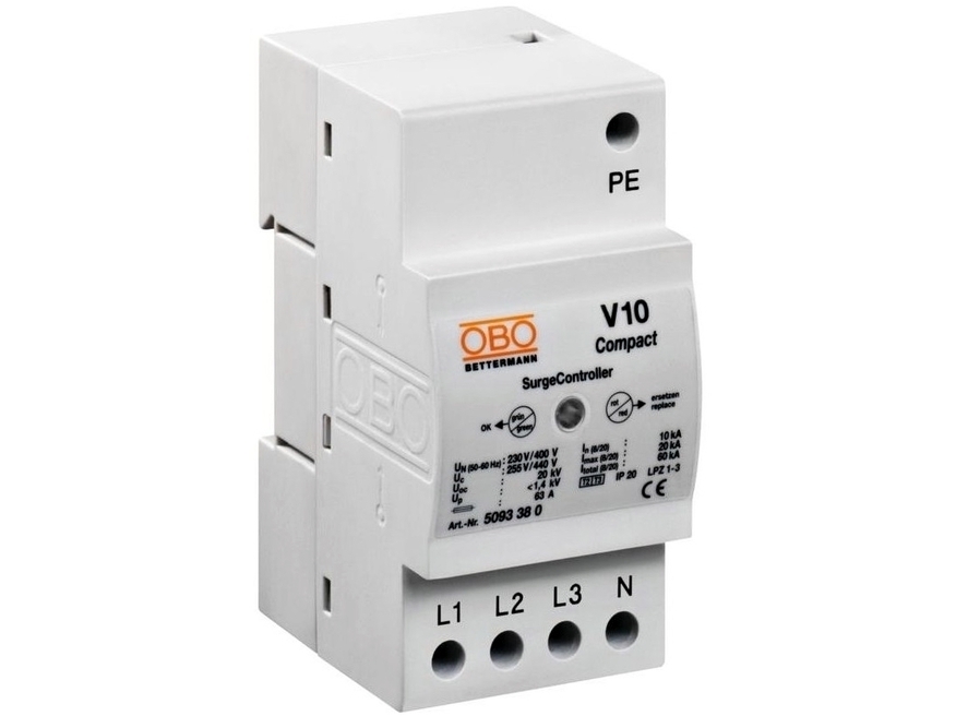 <p>
	Ограничитель перенапряжения тип 2+3, V10 Compact 255V, OBO, 5093380</p>
