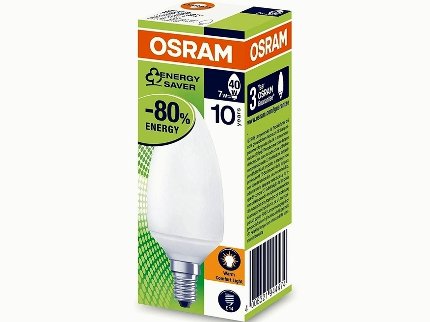 <p>
	Экономичная лампа 7 Вт, Osram Duluxstar® Mini Candle 7W/825/E14, 944474</p>
