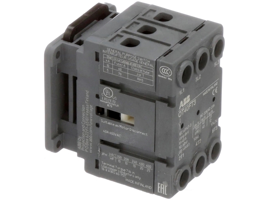 <p>
	Поворотный выключатель нагрузки 3-фазный 40A, OT40FT3, ABB, 1SCA104940R1001</p>
