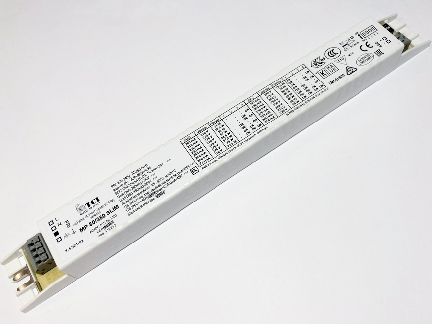 <p>
	Электронный <span style="color: #ff0000">LED</span> трансформатор 54-80Вт, 200-350мА, 30-270В, TCI, MP 80/350 Slim, 122212</p>
