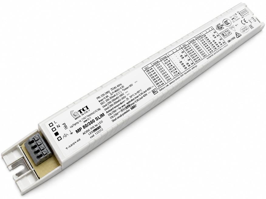 <p>
	Elektrooniline <span style="color: #ff0000">LED</span> trafo 54-80W, 200-350mA, 30-270V, TCI, MP 80/350 Slim, 122212</p>
