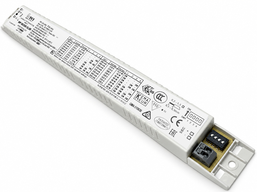 <p>
	Elektrooniline <span style="color: #ff0000">LED</span> trafo 54-80W, 200-350mA, 30-270V, TCI, MP 80/350 Slim, 122212</p>

